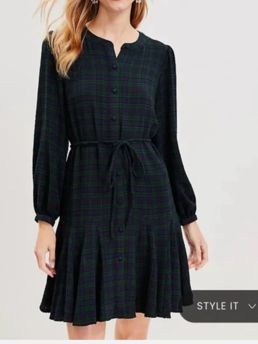 Loft Tartan Plaid Long-Sleeve Tie-Waist Dress M Petite